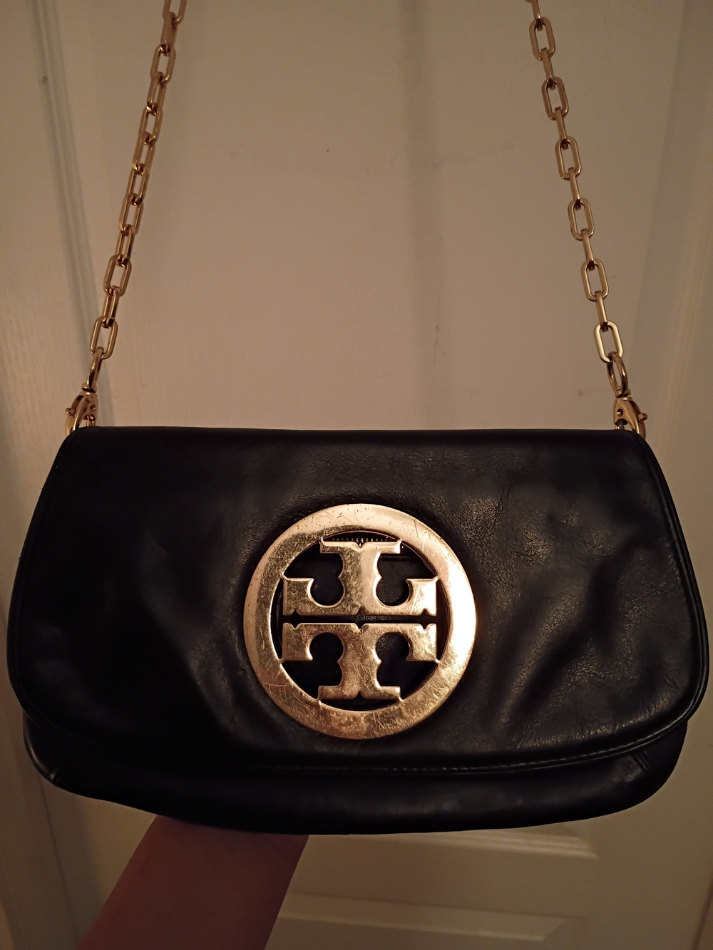 Tory Burch Black Leather Logo Shoulder Bag with Gold Chain